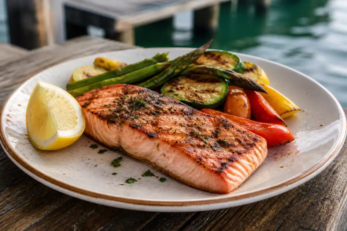 Grilled salmon seafood plate